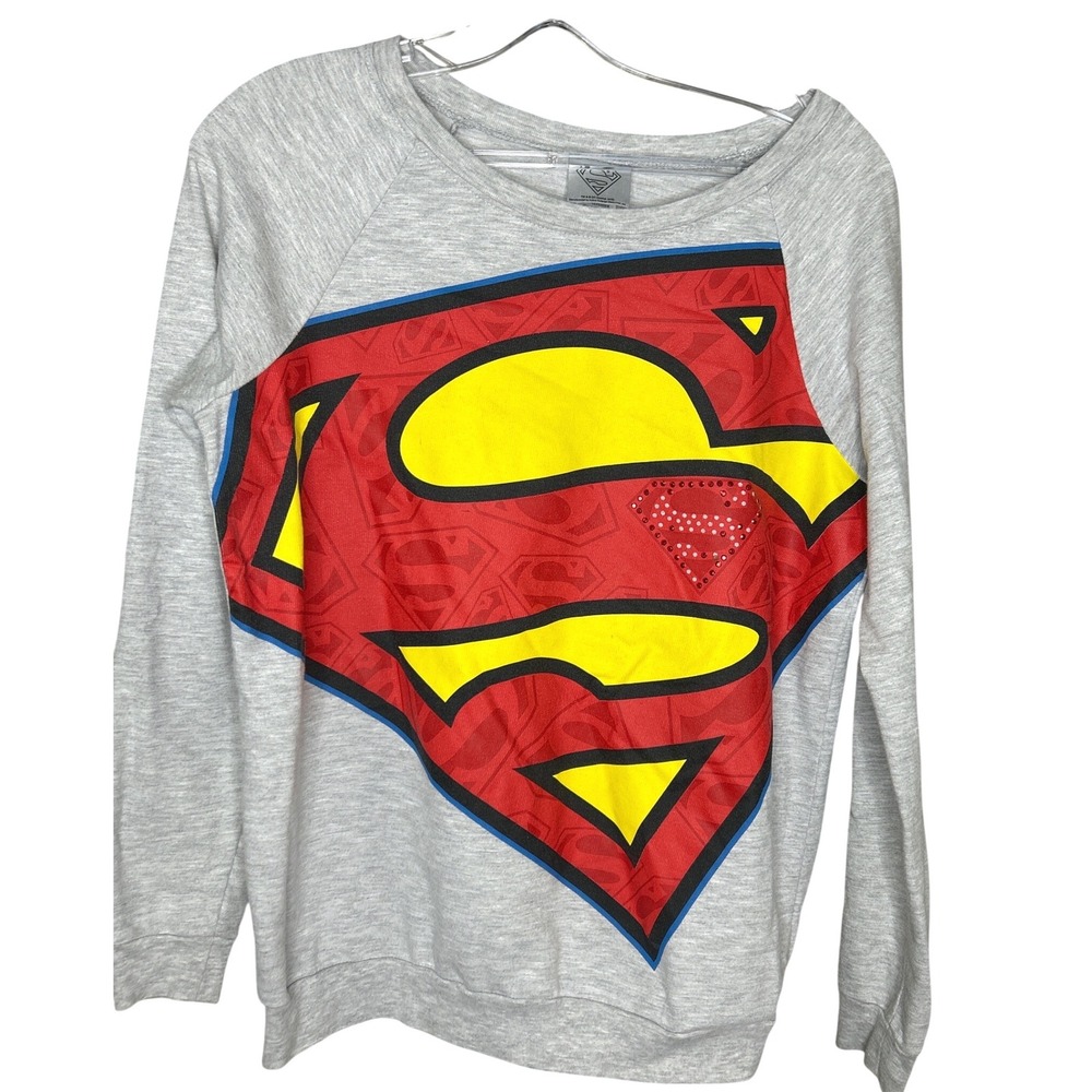 DC Comics Superman MEDiUM Womens Heather Gray Graphic Sweatshirt Rhinestone Logo